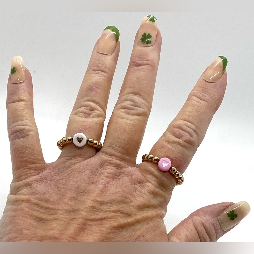 Pink White Heart Gold Beaded Rings Boho Y2K Preppy Feminine Cottagecore Summer - Picture 6 of 10